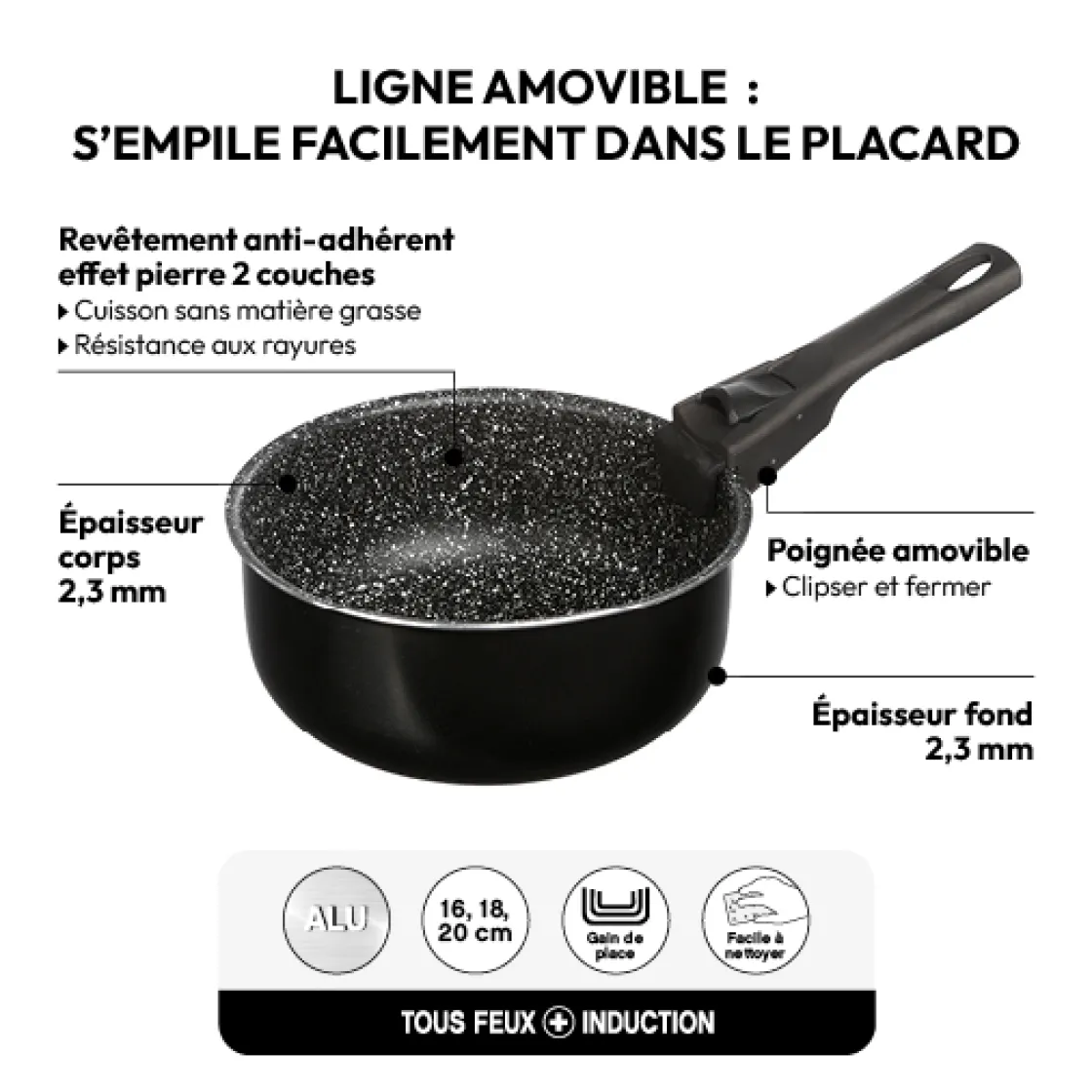 5five 3 casseroles Aluminium poignée amovible, 16/18/20cm