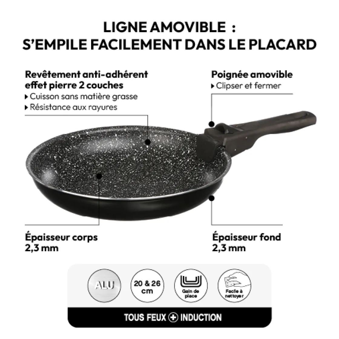 5five 2 poêles Aluminium poignée amovible, 20/26 cm