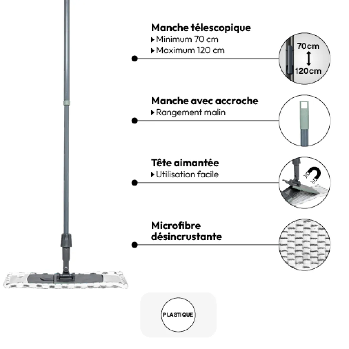 5five Balai MOP téléscopique microfibre, Gris