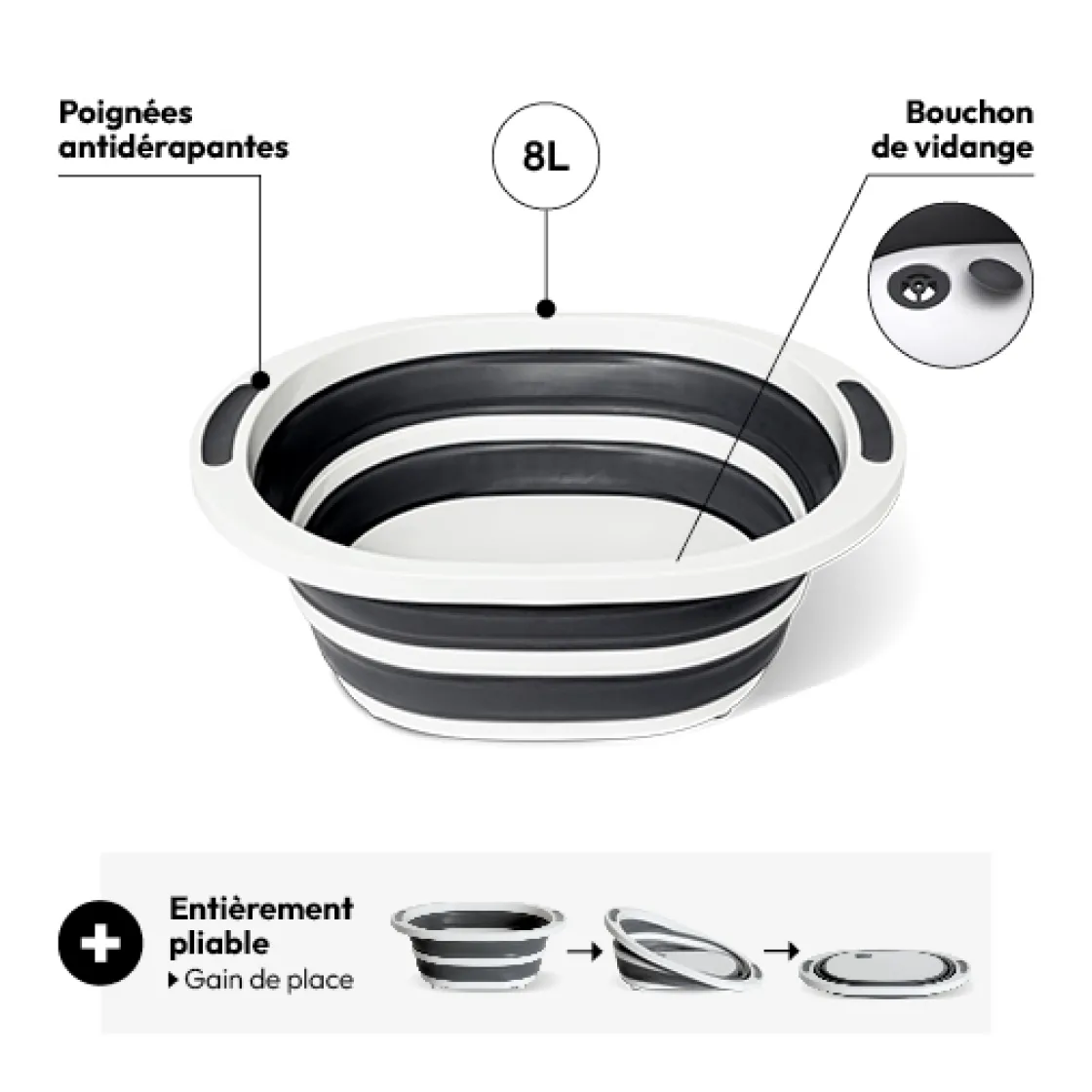 5five Bassine rétractable avec bouchon 8L, Gris et blanc