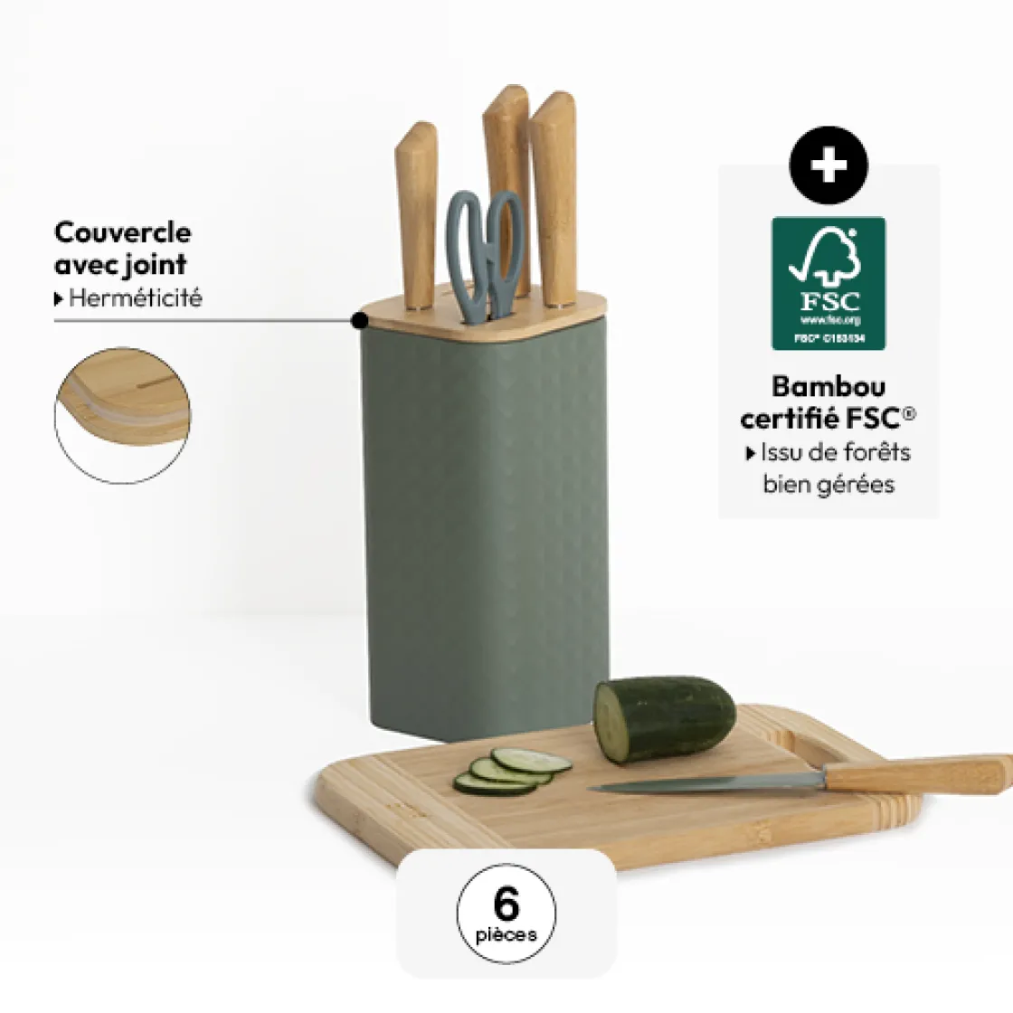 5five Bloc 4 couteaux et ciseaux, Manche bambou
