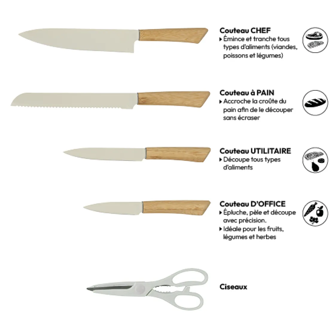5five Bloc 4 couteaux et ciseaux, Manche bambou