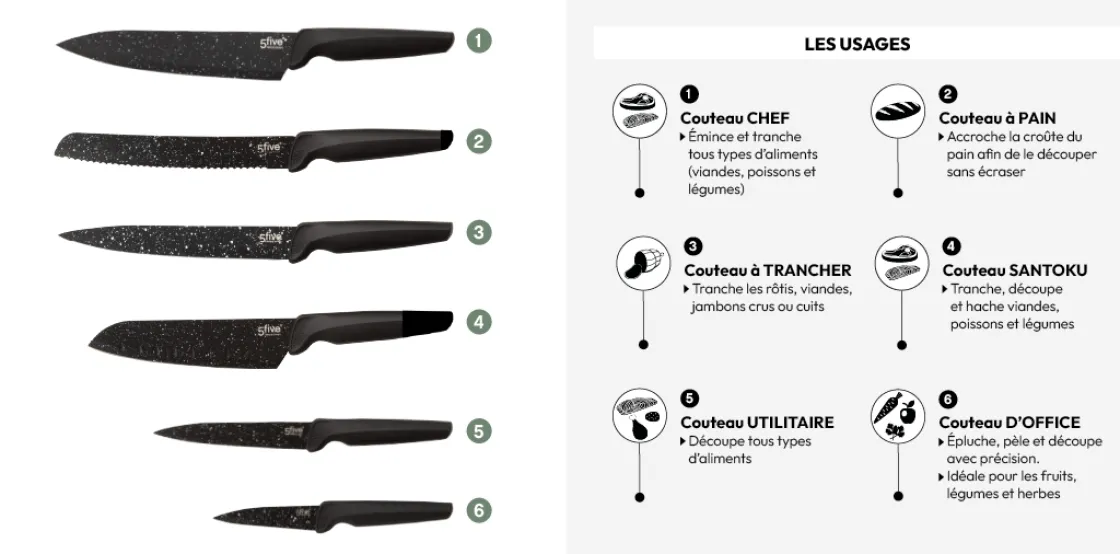 5five Bloc 6 couteaux, Noir