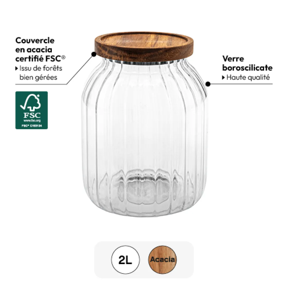 5five Bocal en verre 2L, Acacia