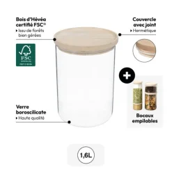 5five Bocal verre avec couvercle hermétique hévéa, 1,6L