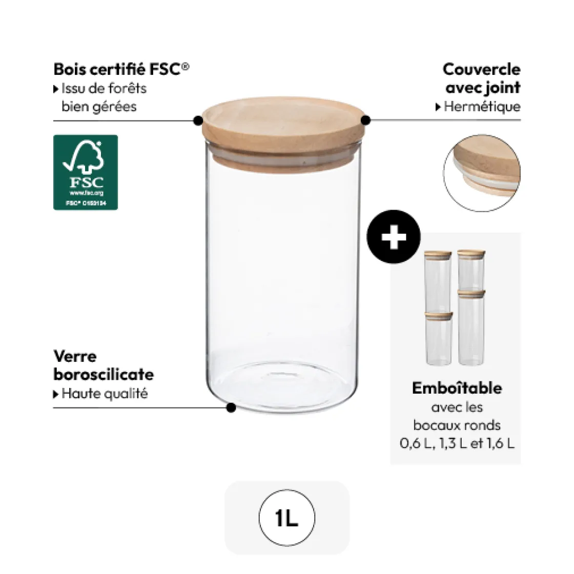 5five Bocal verre couvercle bois 1L