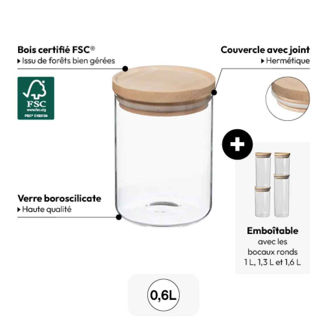 5five Bocal verre couvercle bois 0,6L