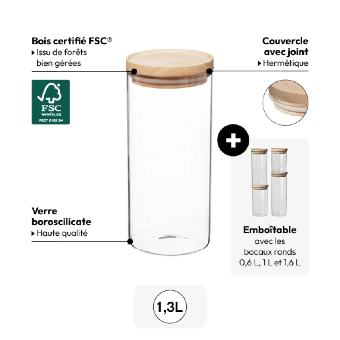 5five Bocal verre couvercle bois 1,3L