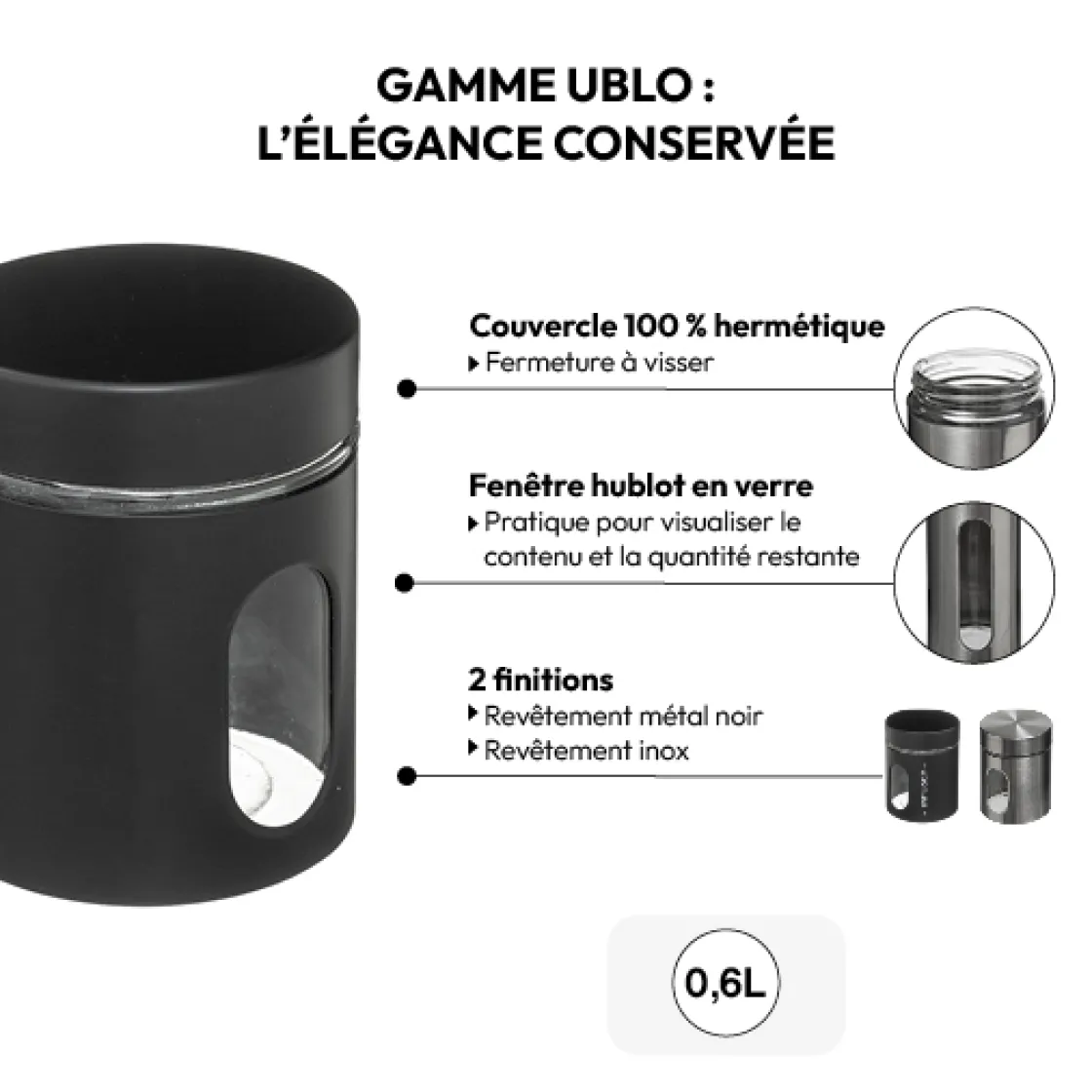 5five Bocal verre et métal 0,6L, Noir