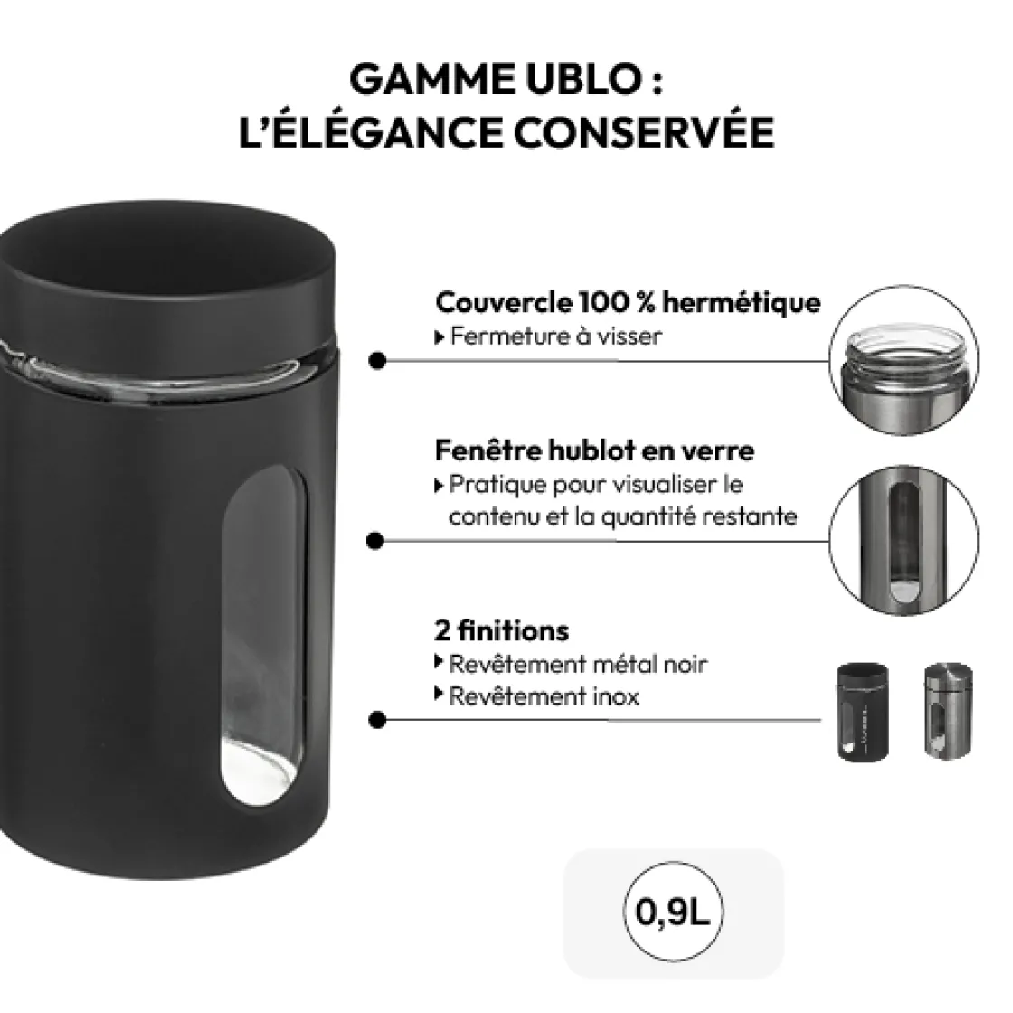 5five Bocal verre et métal 0,9L, Noir