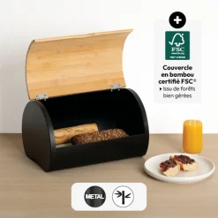 5five Boite à pain métal et bambou 32 cm, Noir