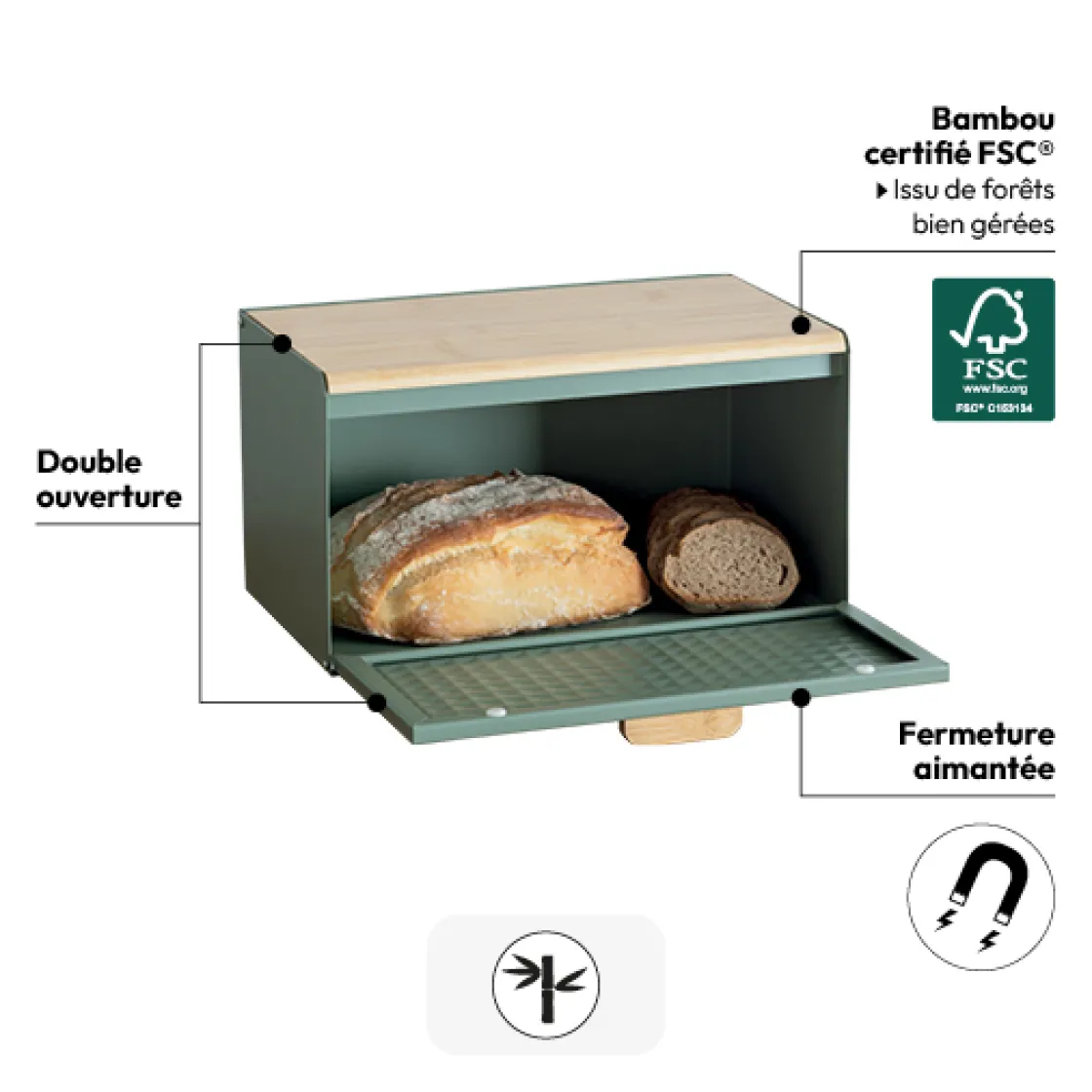 5five Boite à pain métal et bambou 35,5 cm, Noir