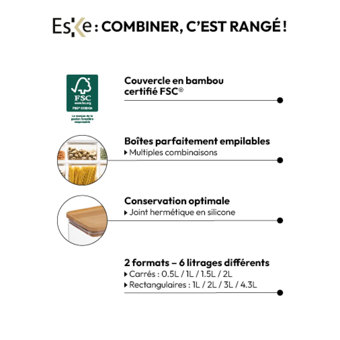 5five Boîte de conservation carrée couvercle bambou, 1,5L