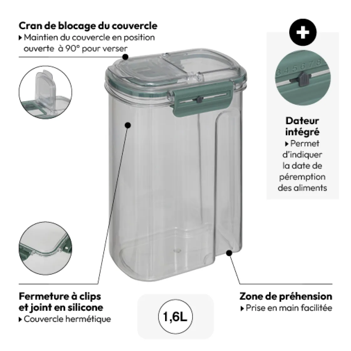 5five Boîte de conservation hermétique avec bec verseur 1,6L