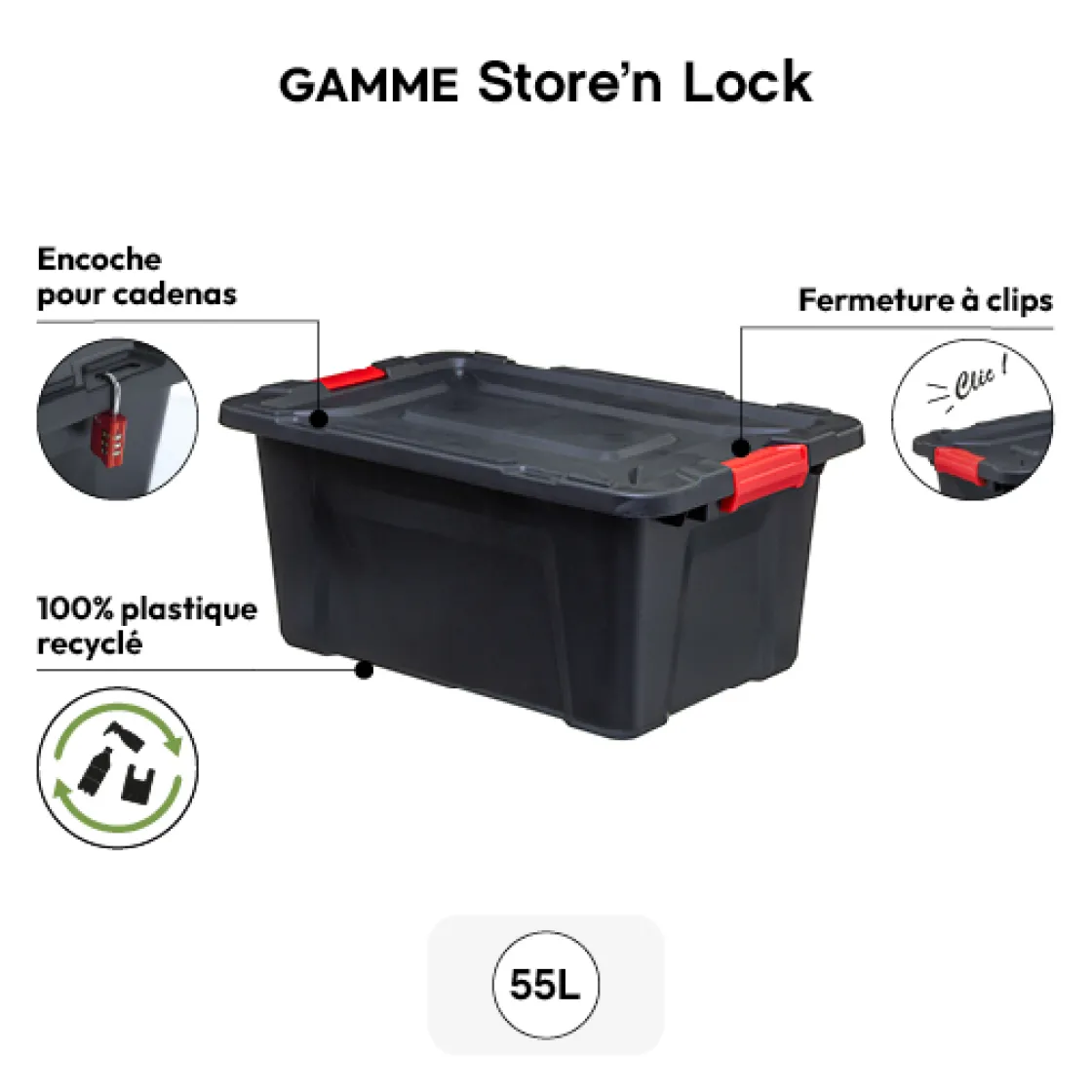 5five Boîte en plastique 55L, Noir