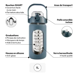 5five Bouteille verre et silicone + paille et housse - 1L