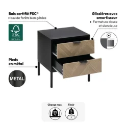 5five Chevet 2 tiroirs, Effet pin naturel et noir