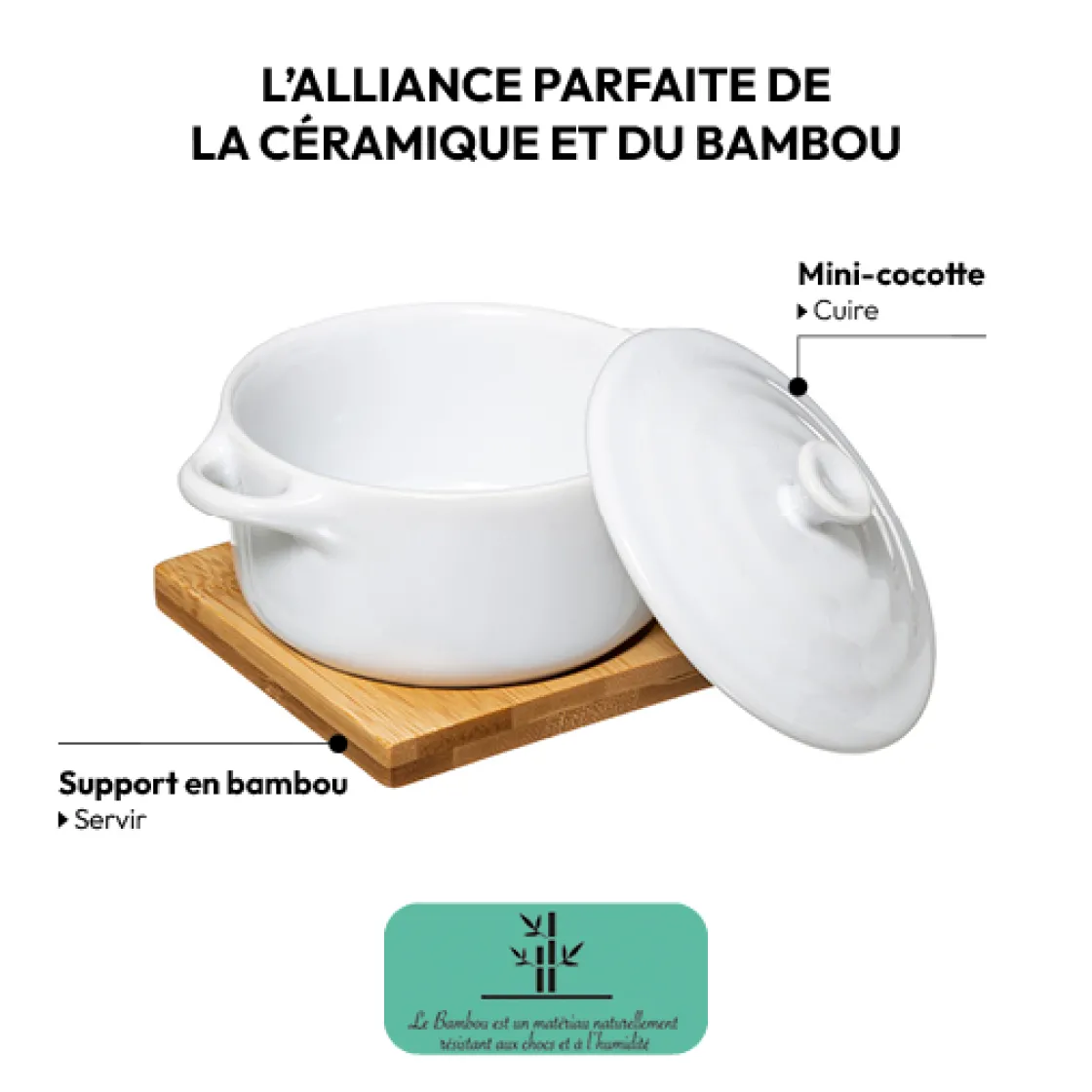 5five Cocotte céramique 10 cm, Bambou et Blanc