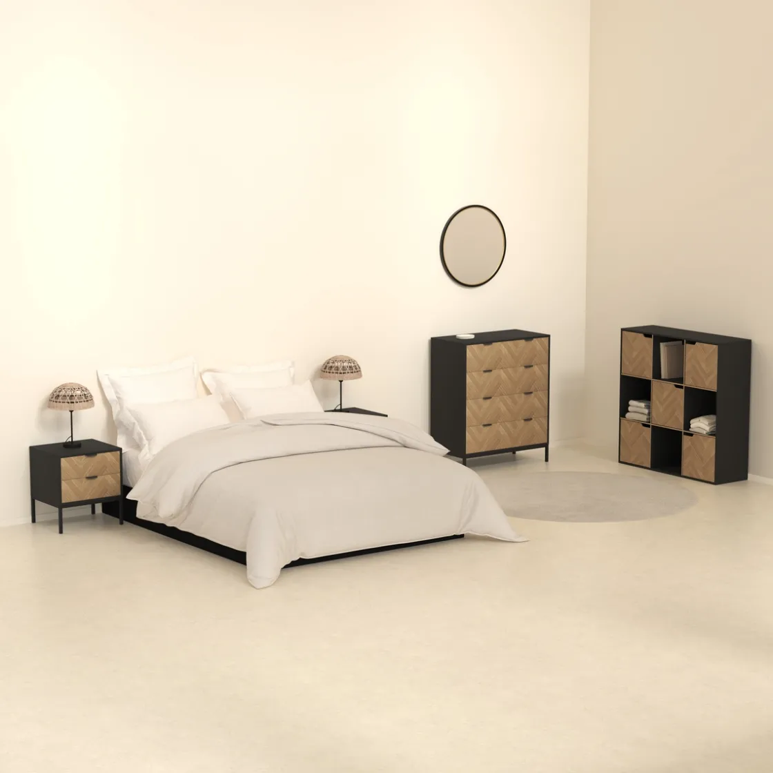 5five Commode 4 tiroirs, Effet pin naturel et noir