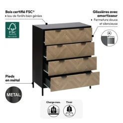 5five Commode 4 tiroirs, Effet pin naturel et noir