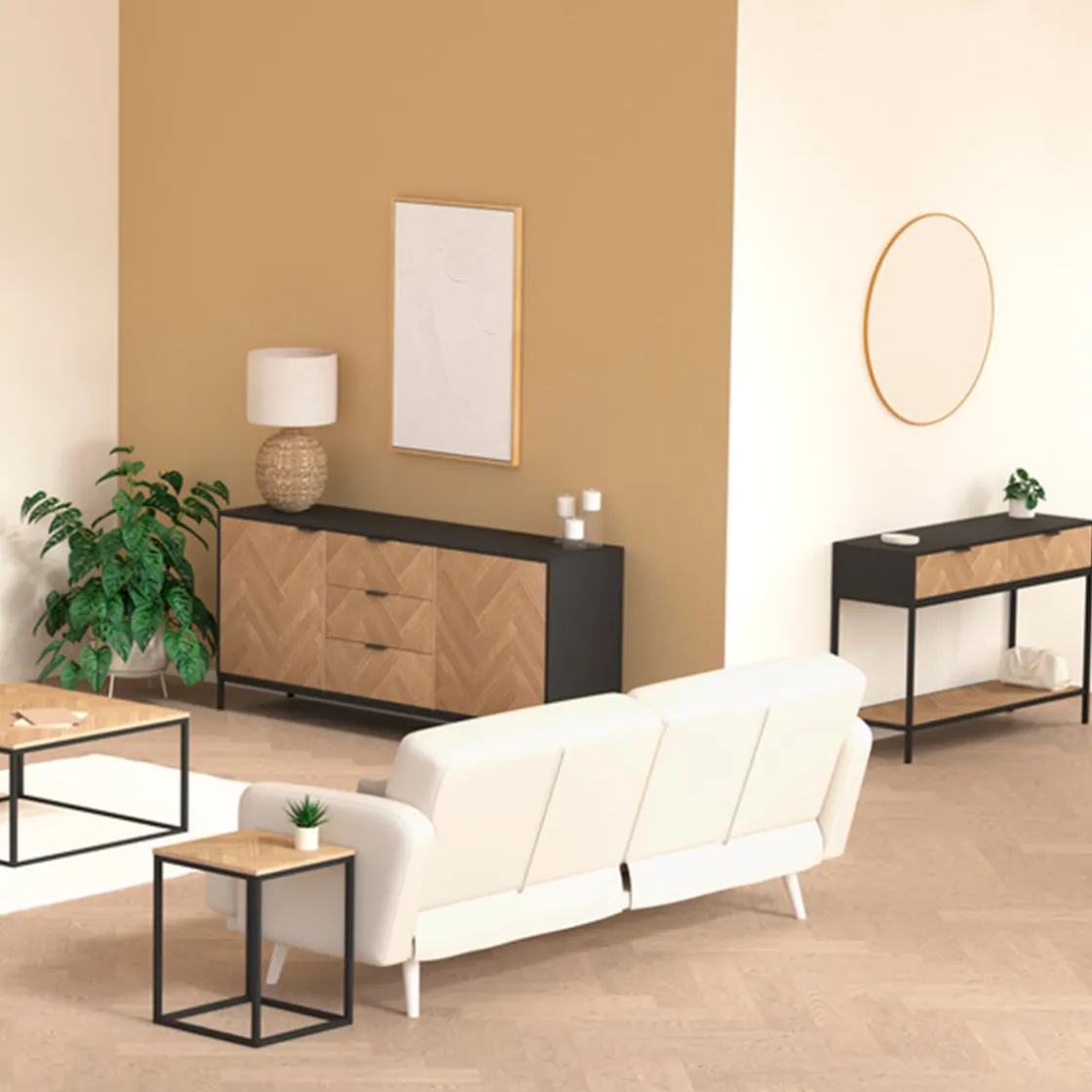 5five Console 2 tiroirs, Effet pin naturel et noir