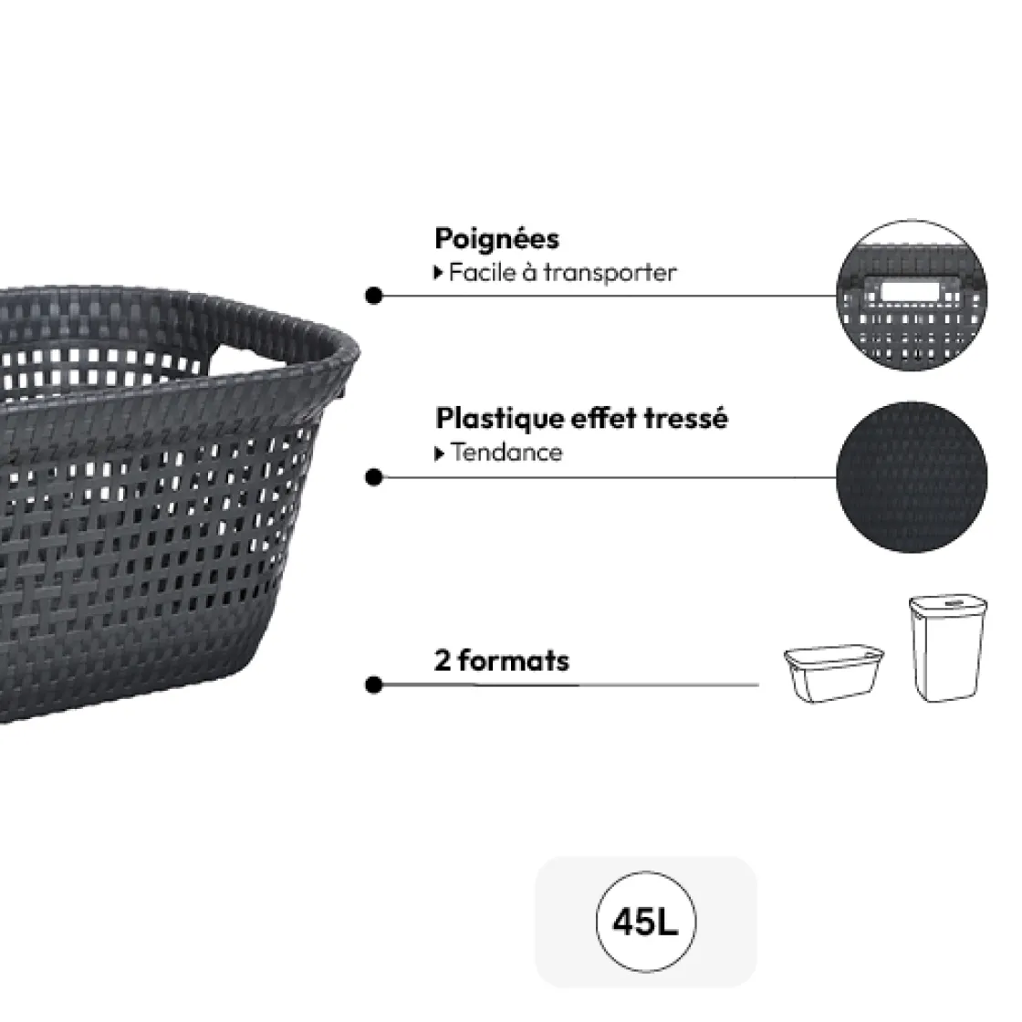 5five Corbeille à linge 45L, Gris