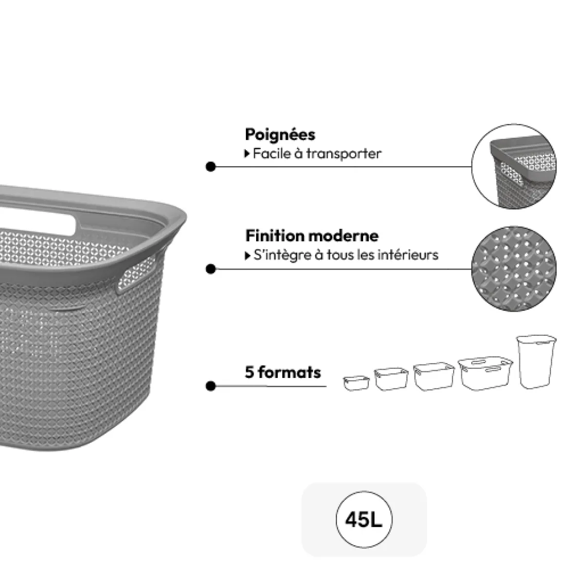 5five Corbeille à linge 45L, Gris