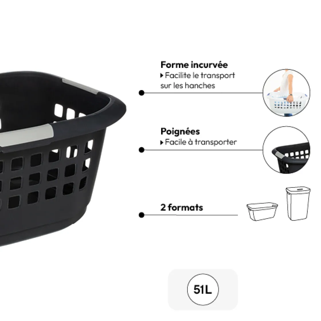 5five Corbeille à linge 51L, Gris