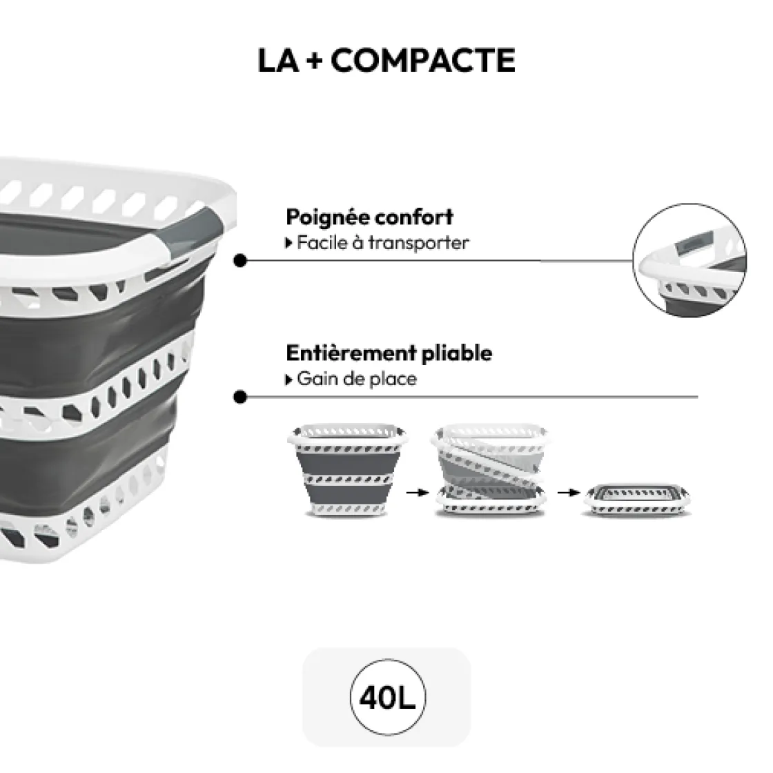 5five Corbeille à linge pliable 40L - Gris, Blanc