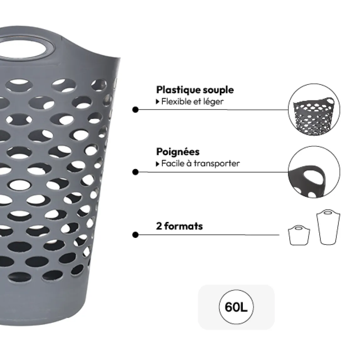 5five Corbeille à linge souple 60L, Gris