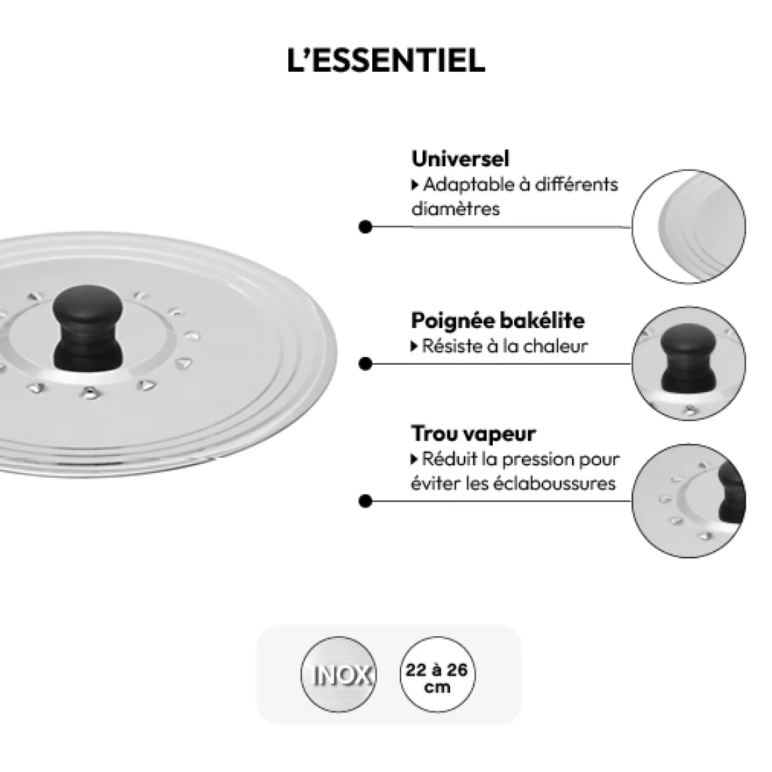 5five Couvercle en inox universel, 22/24/26 cm