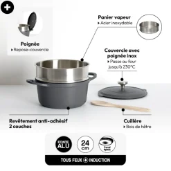 5five Cuiseur vapeur fonte d'aluminium gris, 24cm