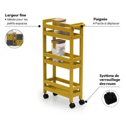 5five Desserte à roulettes 3 niveaux, Jaune moutarde