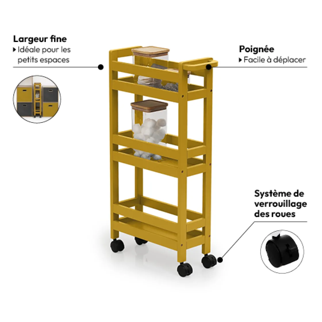 5five Desserte à roulettes 3 niveaux, Jaune moutarde