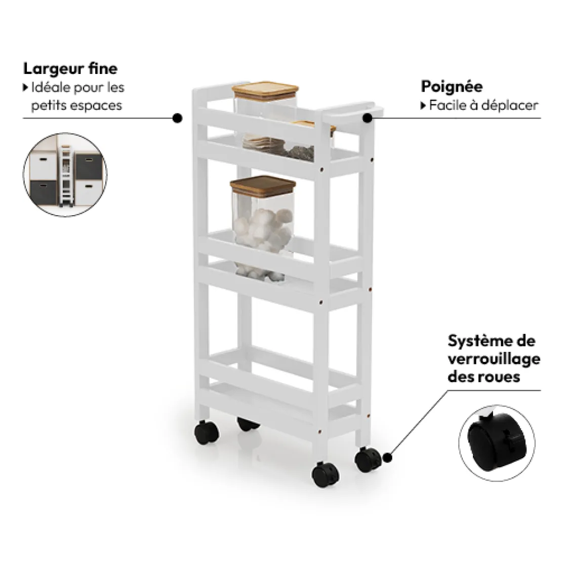 5five Desserte à roulettes 3 niveaux, Blanc coton