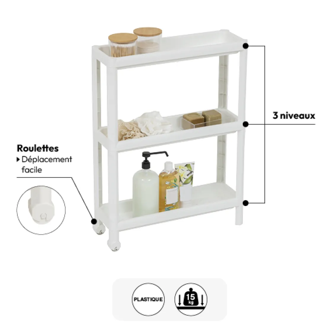 5five Desserte à roulettes 3 niveaux, Blanc