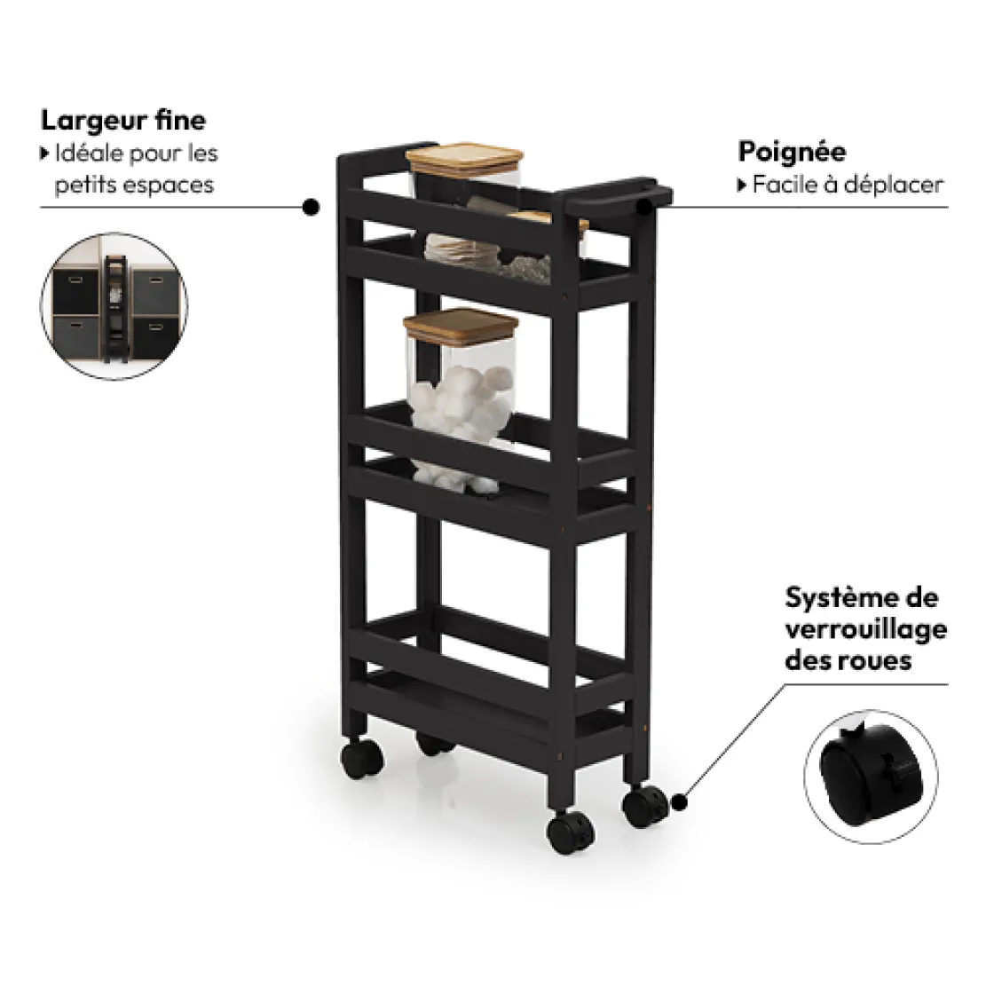 5five Desserte à roulettes 3 niveaux, Noir khôl