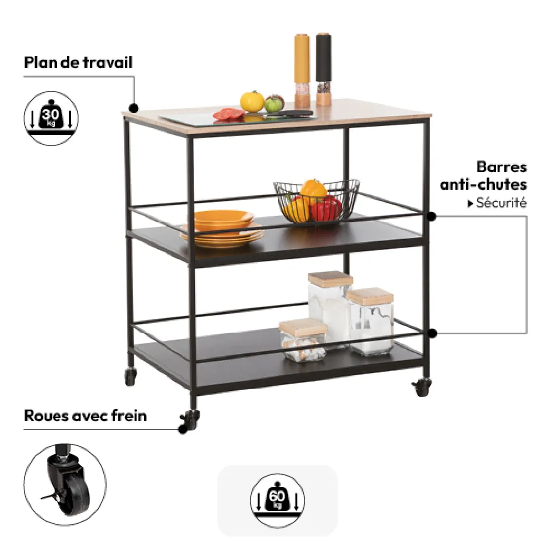 5five Desserte grand modèle 2 niveaux, Noir