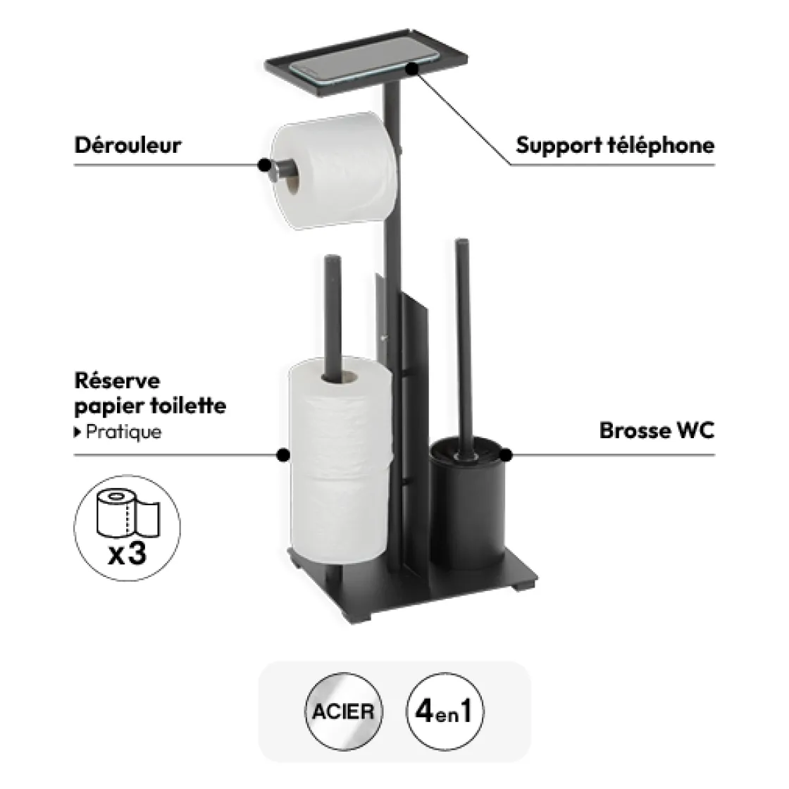 5five Dérouleur avec réserve et brosse, Noir