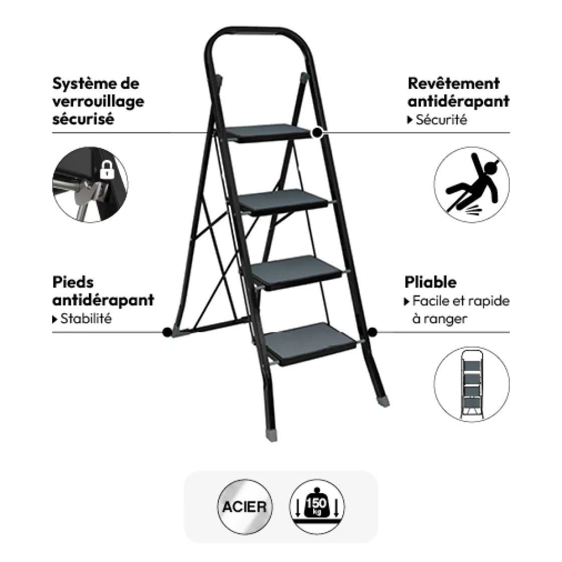 5five Escabeau 4 marches pliable, Métal