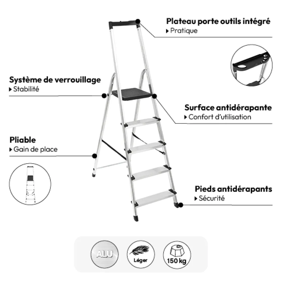 5five Escabeau pliable en aluminium 5 marches
