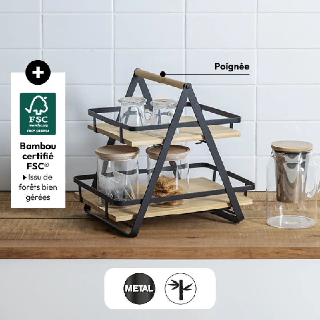 5five Etagère 2 niveaux avec anse, Bambou