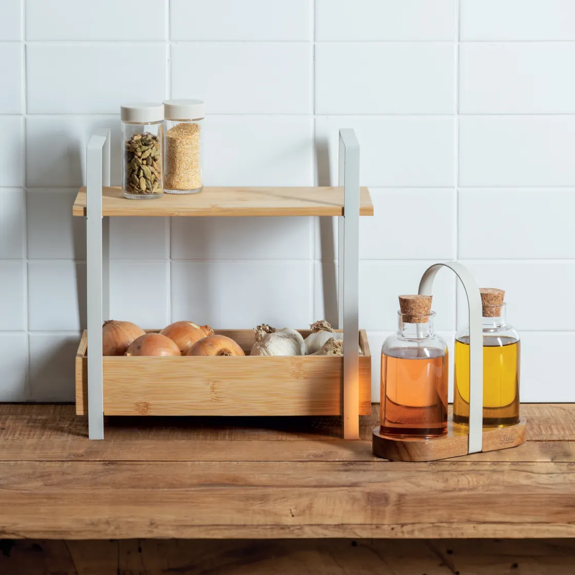 5five Etagère 2 niveaux avec bac de rangement, Bambou