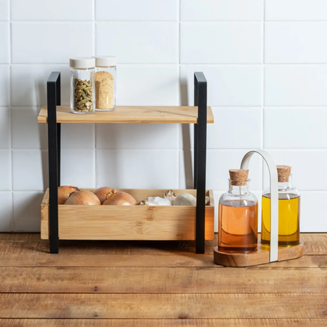 5five Etagère 2 niveaux avec bac de rangement, Bambou