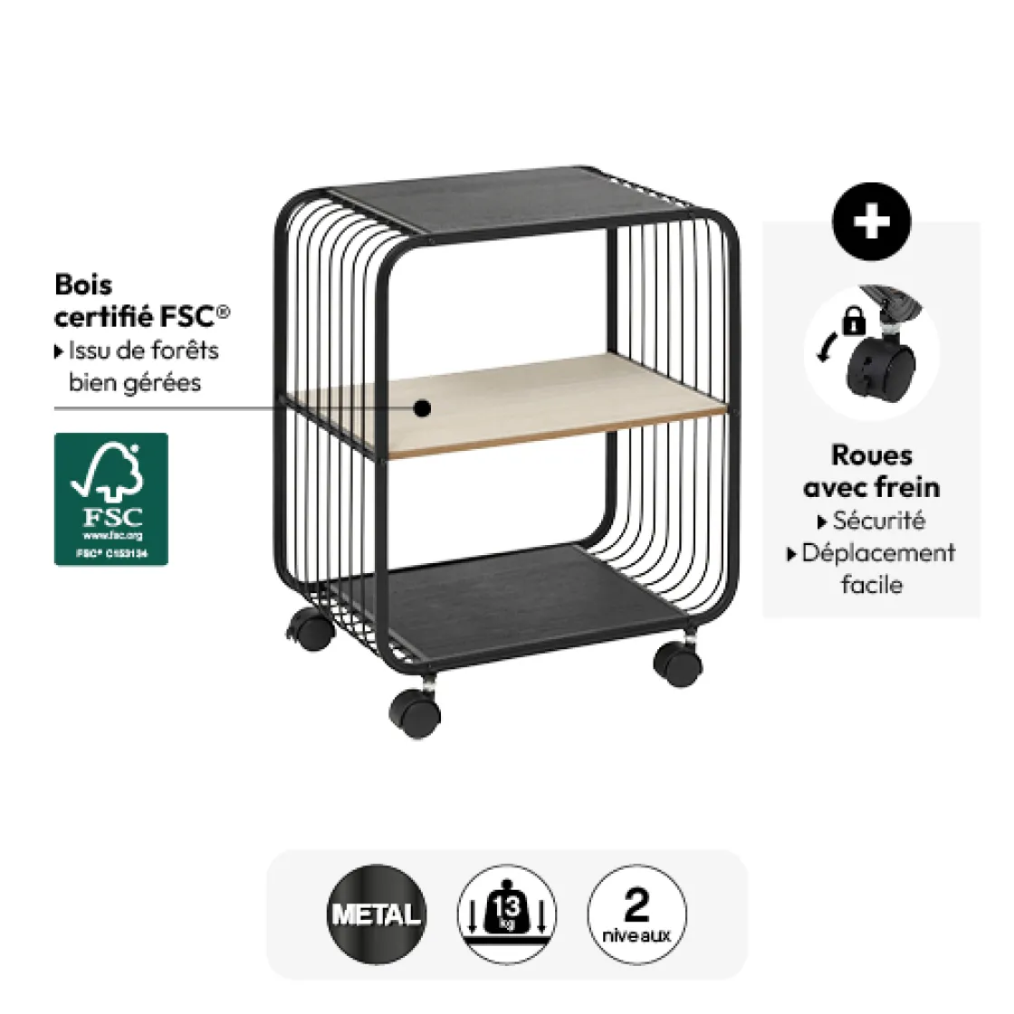 5five Etagère 2 niveaux, métal et bois, Noir