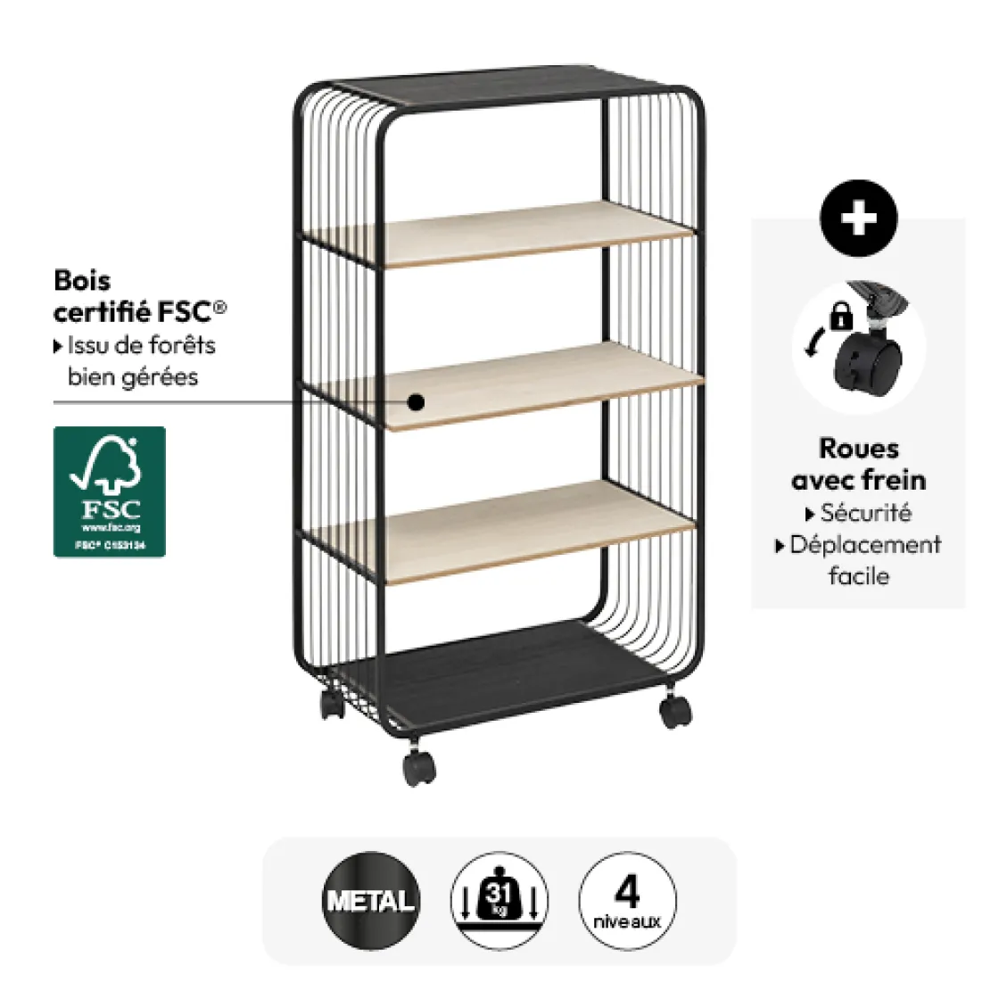 5five Etagère 4 niveaux, métal et bois, Noir