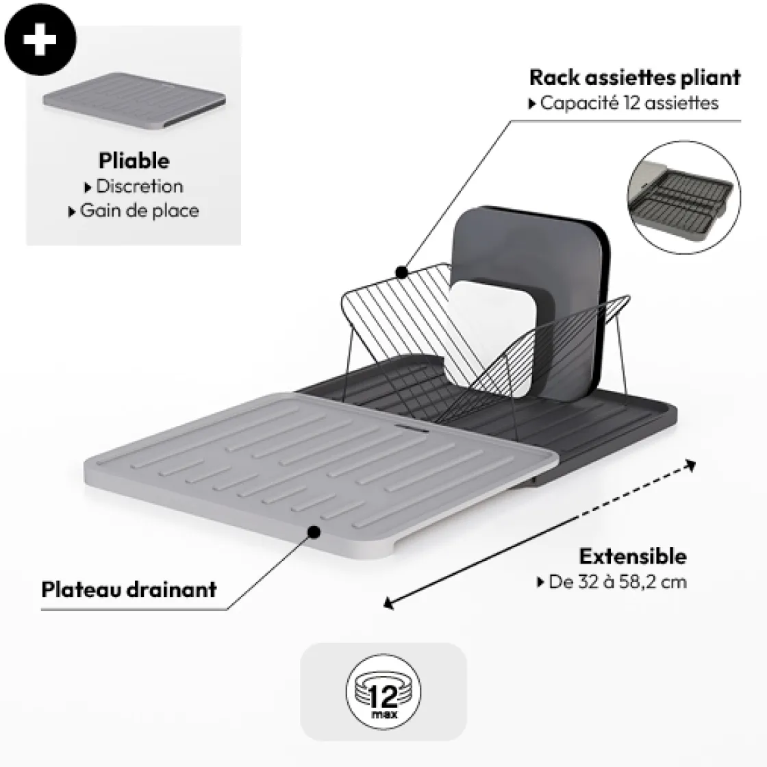5five Égouttoir avec rack extensible, Gris