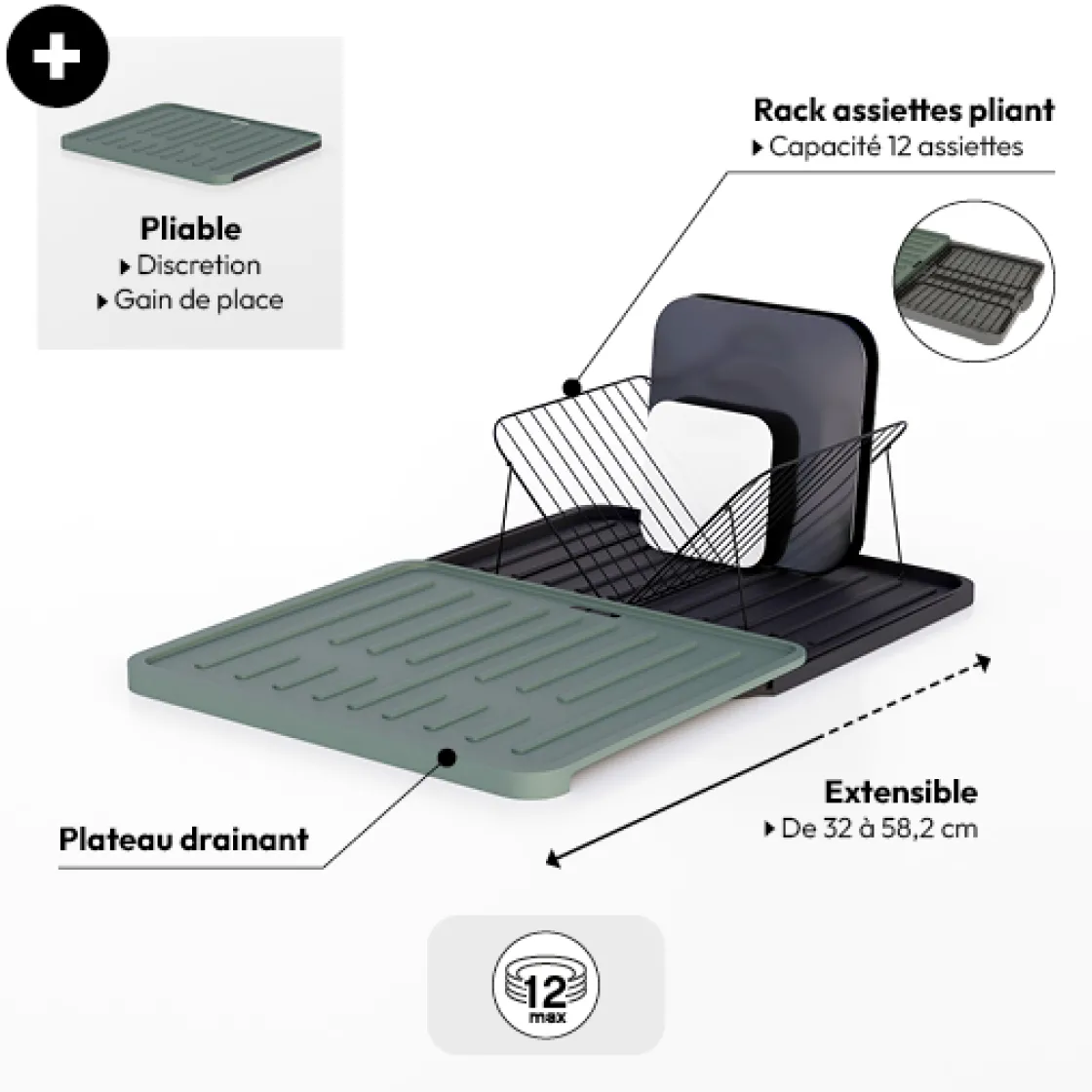 5five Égouttoir avec rack extensible, Vert