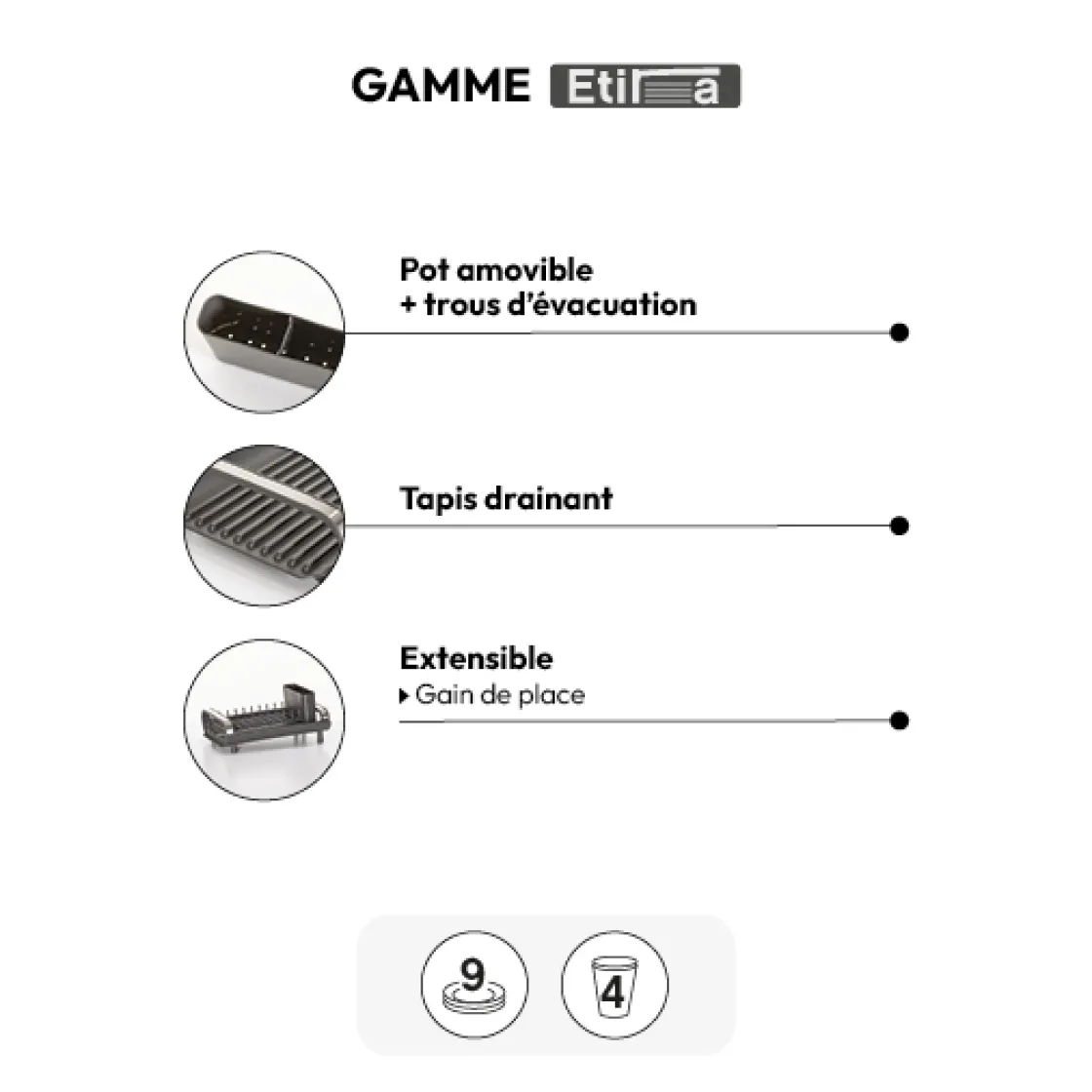 5five Égouttoir extensible 9 assiettes, Gris