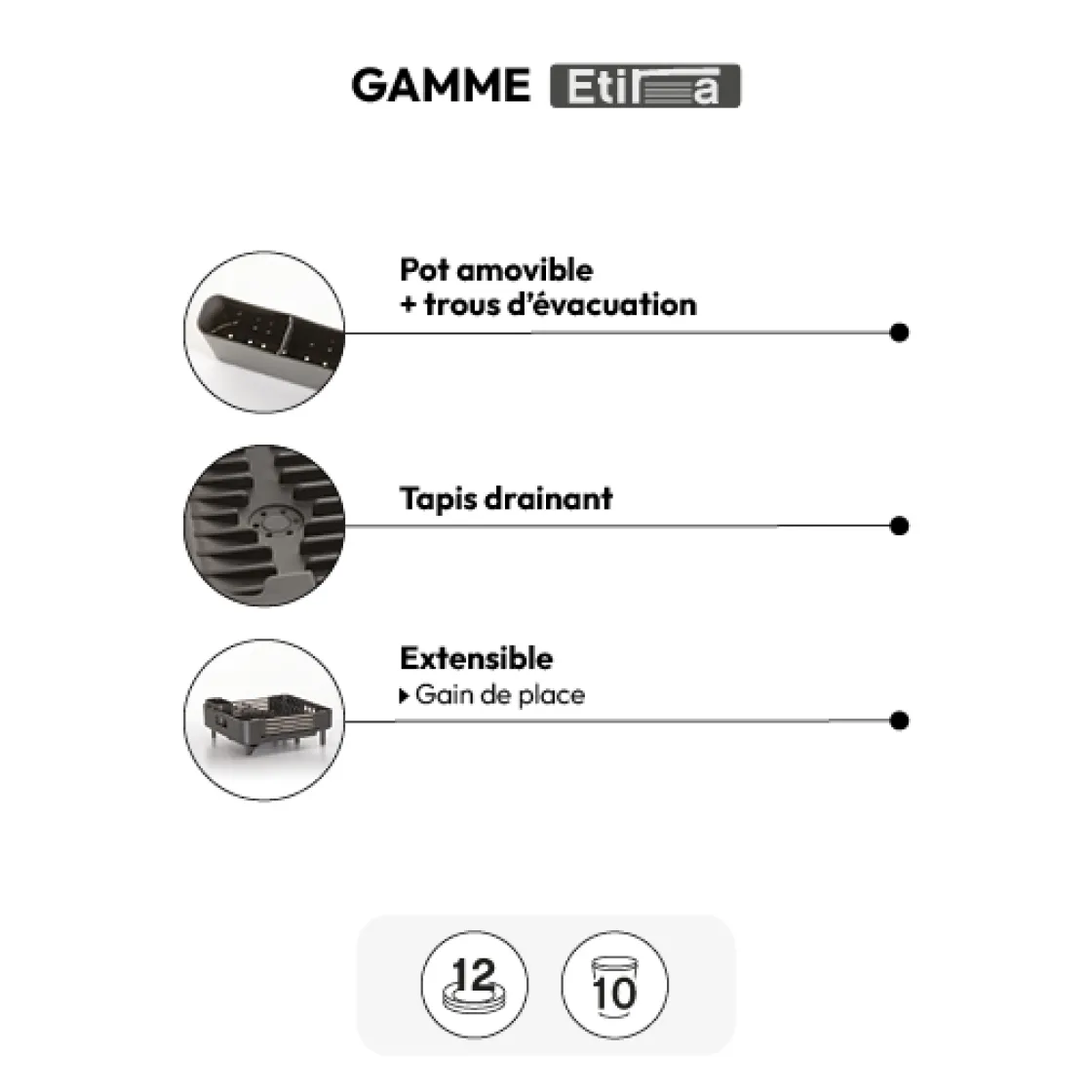 5five Égouttoir extensible 12 assiettes, Gris